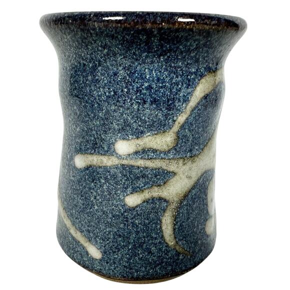 Hand Crafted Artist Signed Pottery Blue Gray Abstract Coffee Mug Unique Handle! - Picture 2 of 6